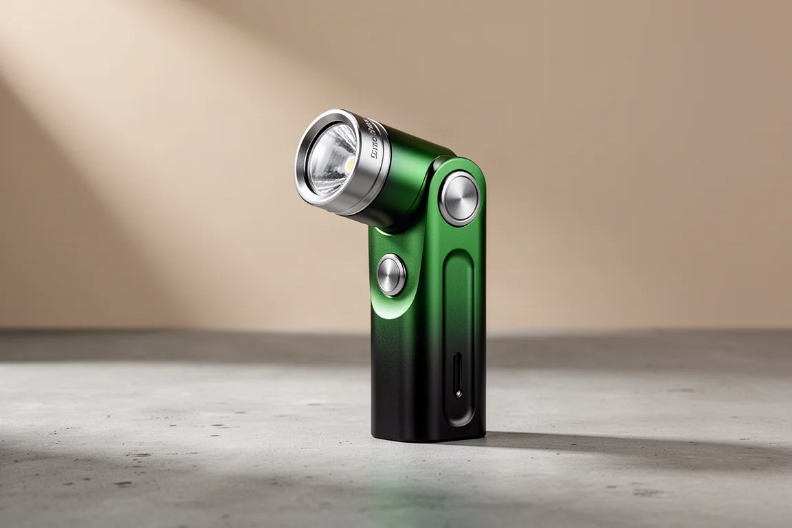 Olight Perun II right angle flashlight in green to black fade finish on concrete surface
