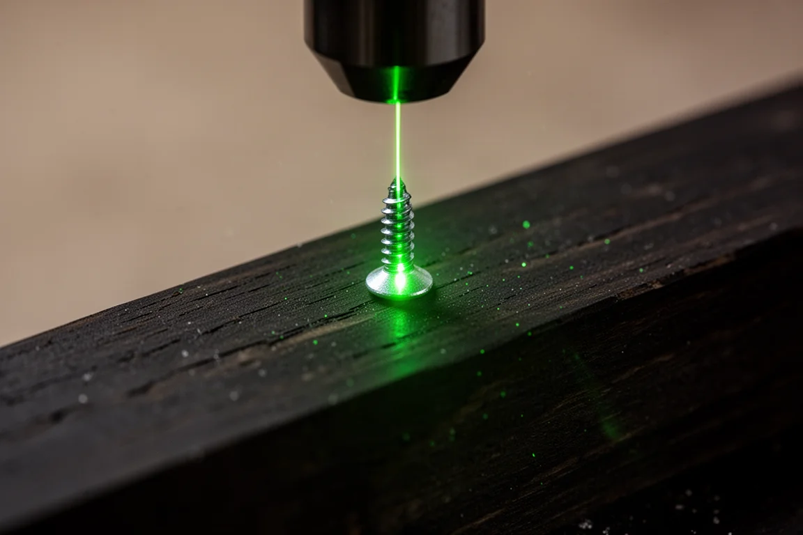 Zielony punkt laserowy na łbie śruby przy słabym oświetleniu
