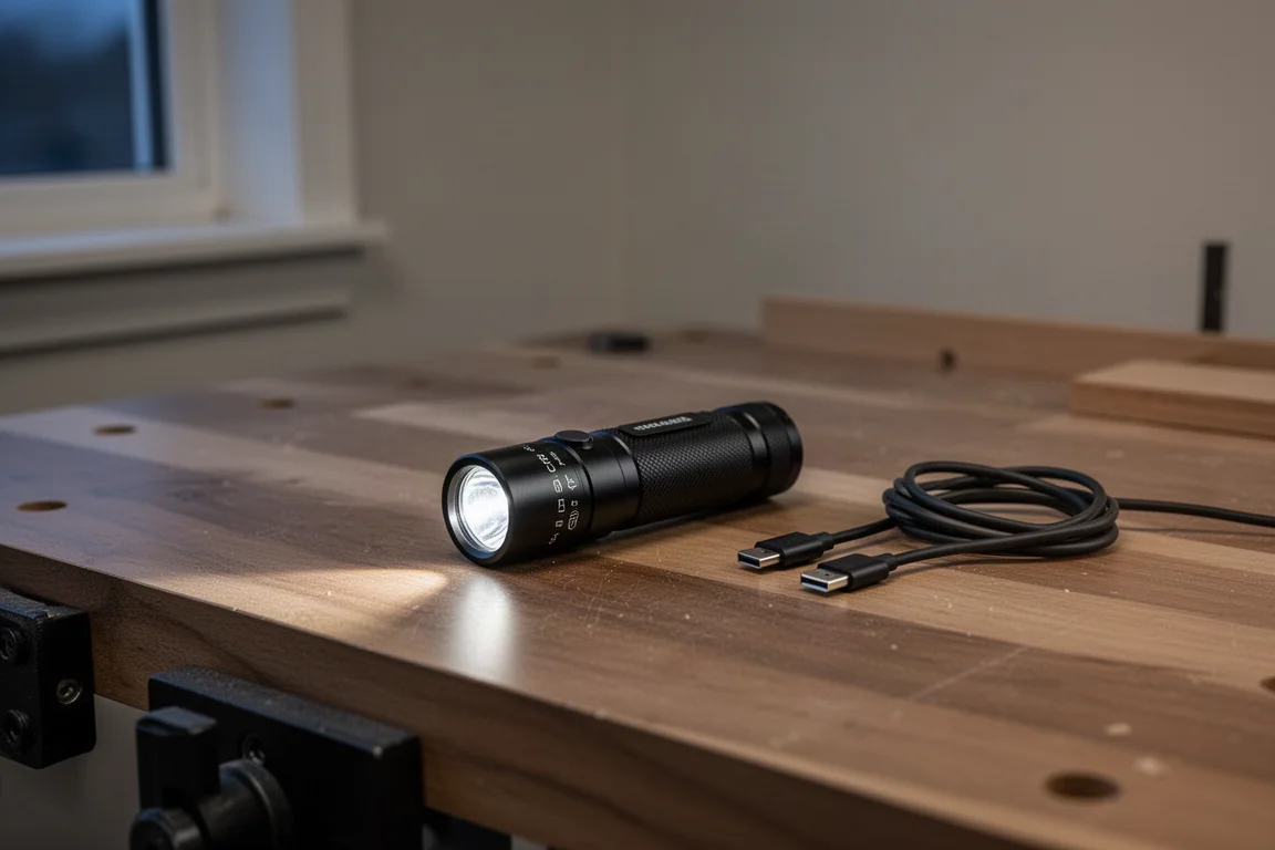 Lampa zamontowana na wiertarce, ułożona na stole warsztatowym obok kabła ładującego