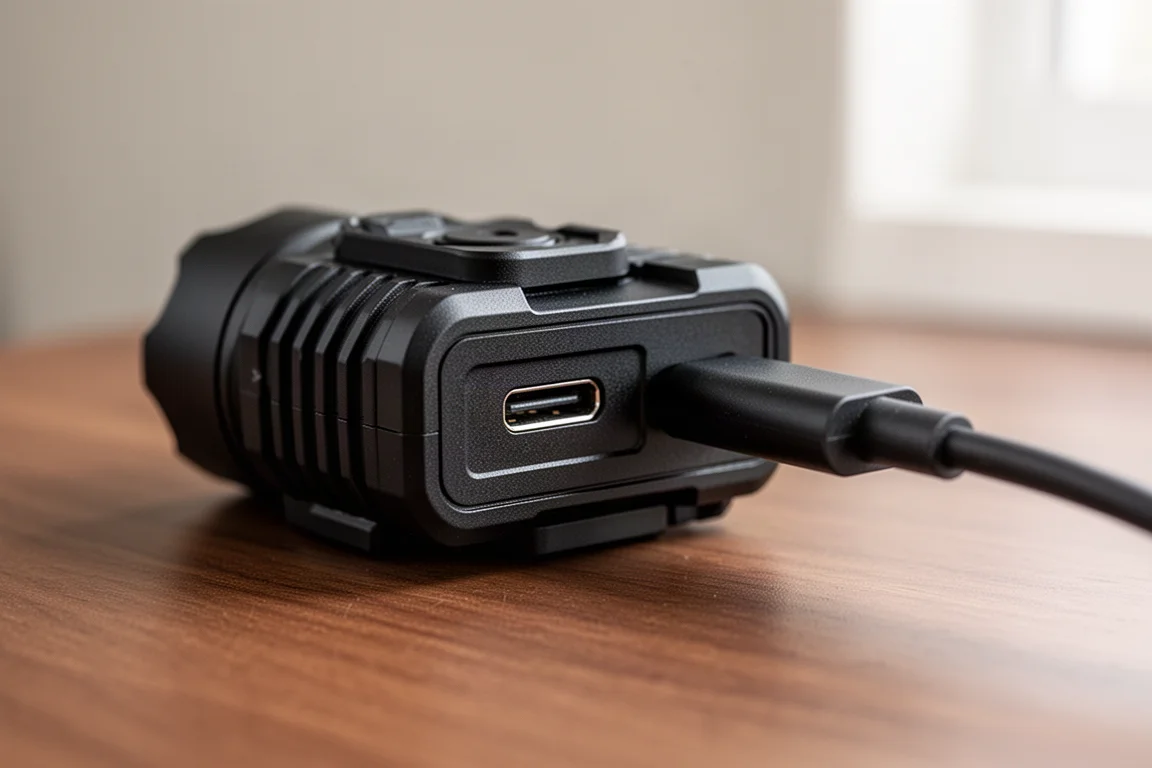 Port ładowania USB-C z boku latarki na broni
