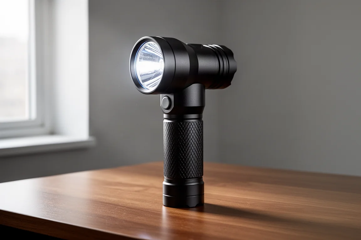Olight Prowess 手電筒，鑽石紋握把，置於木質書桌上