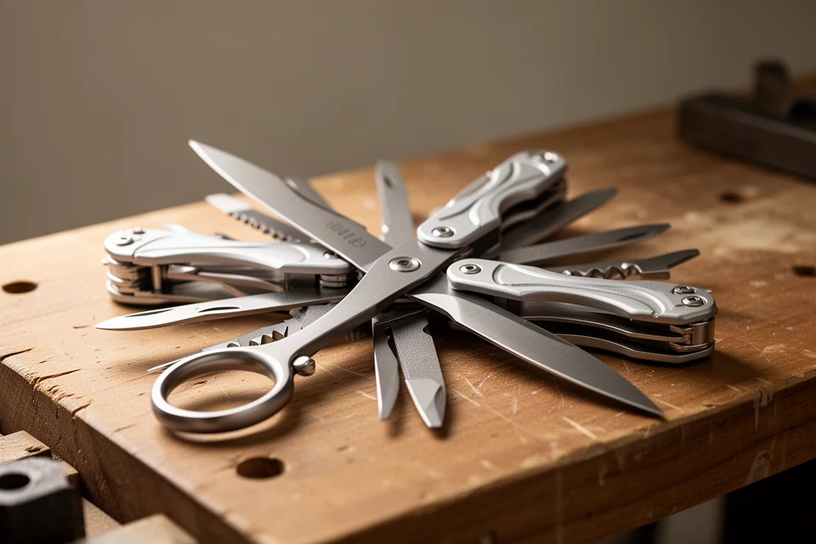 Multi-tool pieghevole con gli attrezzi aperti a ventaglio su un banco da lavoro