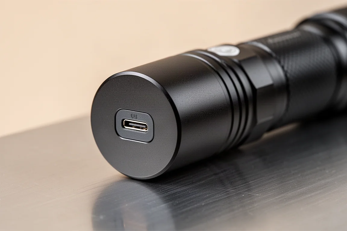 Primo piano del tappo posteriore di una torcina con porta USB Type-C