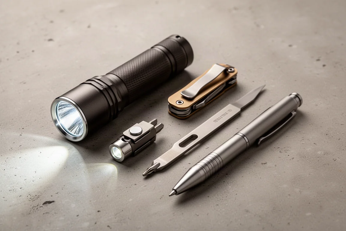 各種手電筒與 EDC 工具排列在混凝土表面上