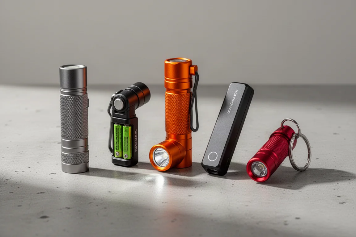 五款小型 Olight EDC 手電筒排列在混凝土表面上