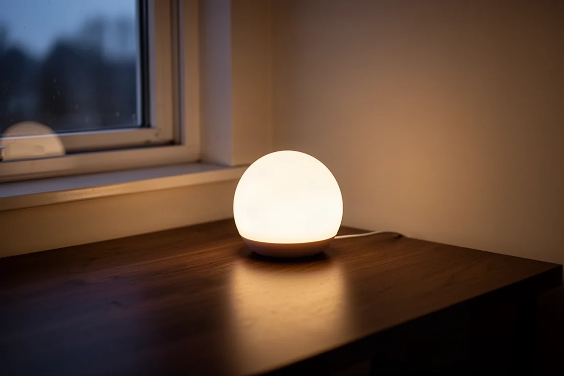 Mała kulista lampa magnetyczna świecąca ciepłym białym światłem na biurku o zmierzchu