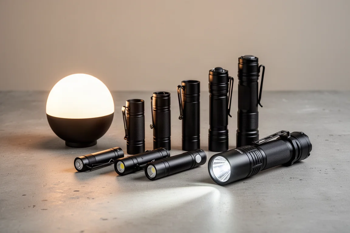 Un gruppo di torce Olight e una lampada sferica disposte su una superficie in cemento