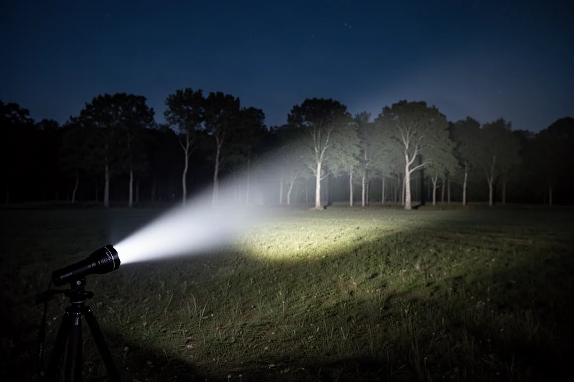 Fascio luminoso della torcia che attraversa un campo buio all'aperto verso alberi lontani