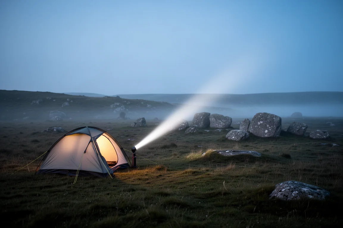 Moorland campsite at dusk with a lit tent and a long torch beam sweeping the ground