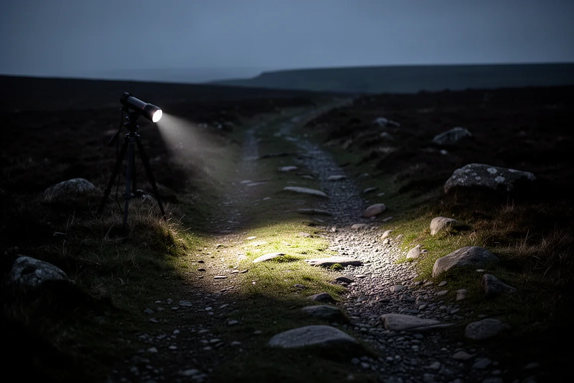Torch beam cutting through darkness across a rough moorland path at night