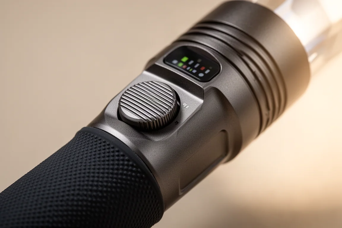 Close-up of a torch rotary control knob and indicator dashboard on a dark body