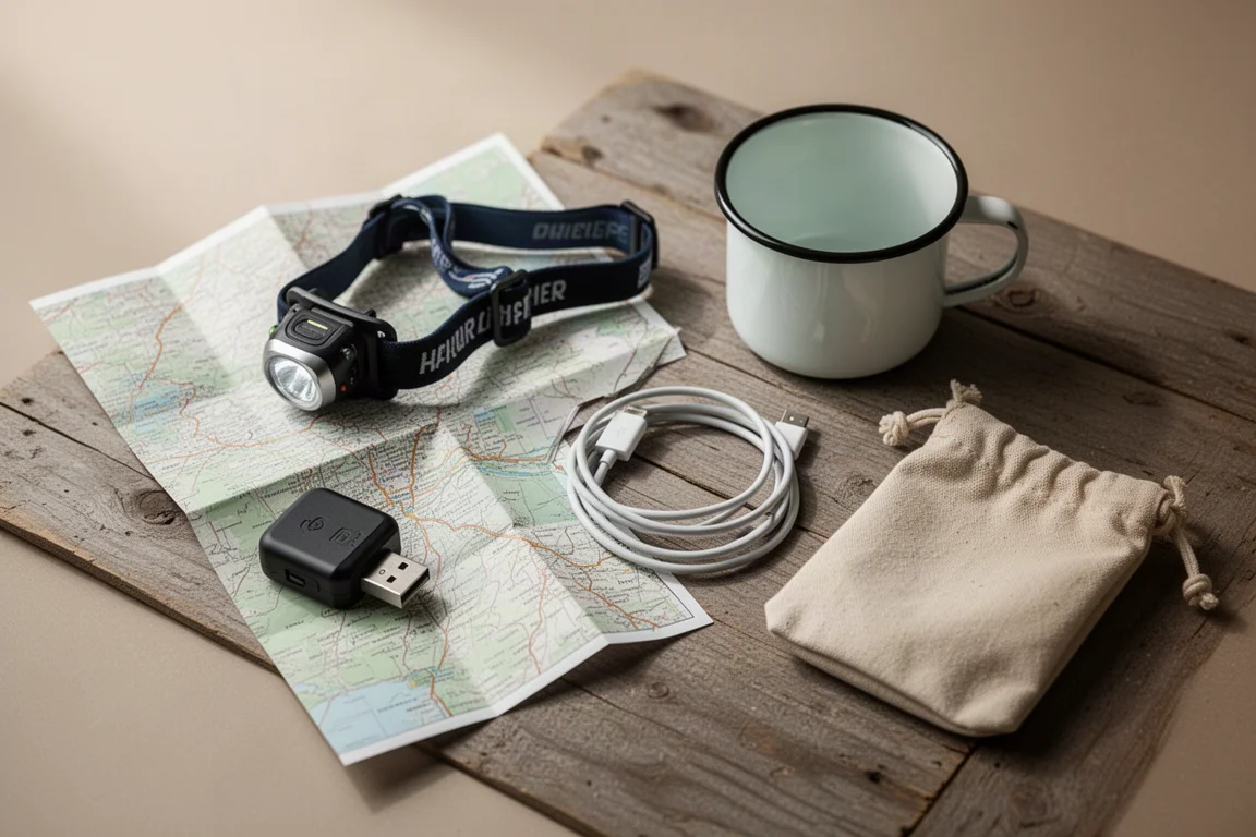 Overhead flat-lay of camping essentials including a headlamp and folded map
