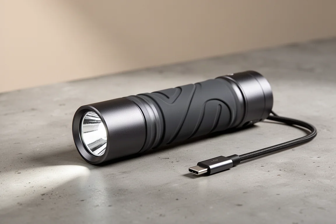 Dark grey handheld torch with silicone grip and magnetic charging cable on concrete