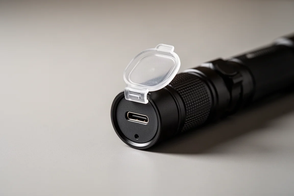 Port ładowania USB-C latarki z odsłoniętą klapką otwieraną na zewnątrz