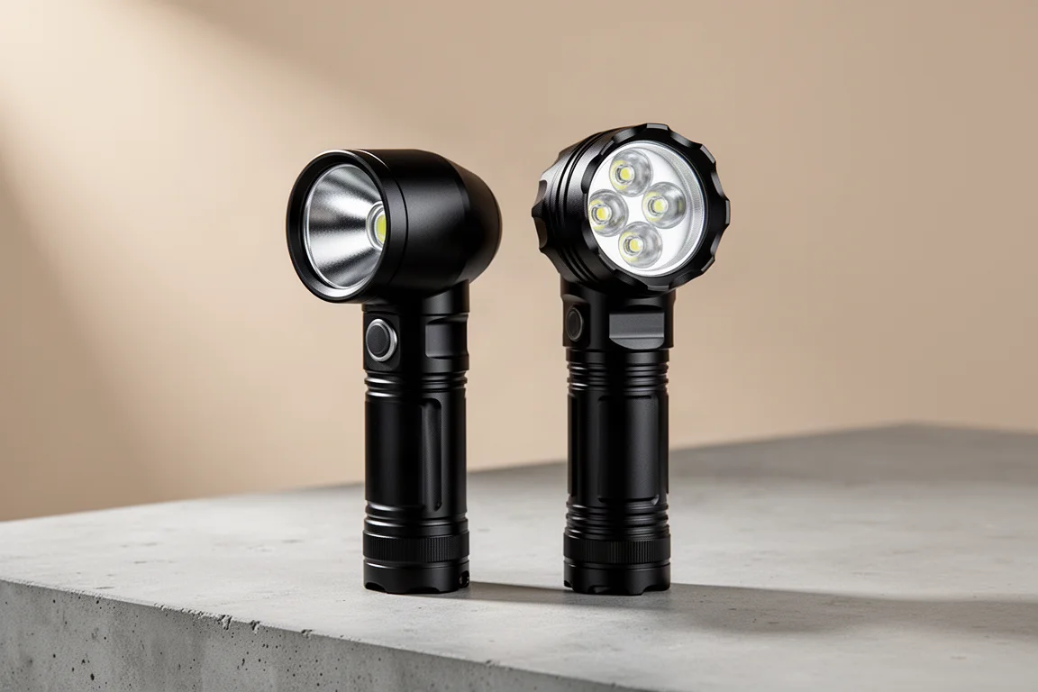 Olight Seeker 4 與 Seeker 4 Pro 手電筒並排放在水泥地上