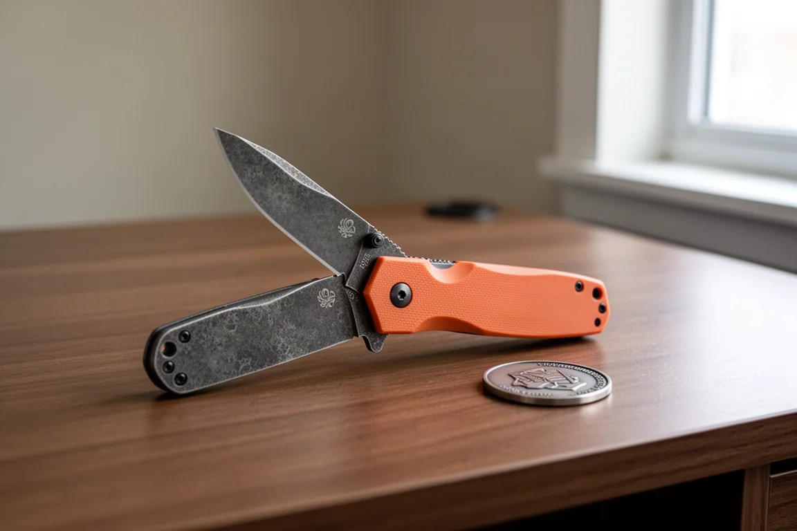 Fällbar fickkniv med orange skaft som ligger öppen på ett träskrivbord