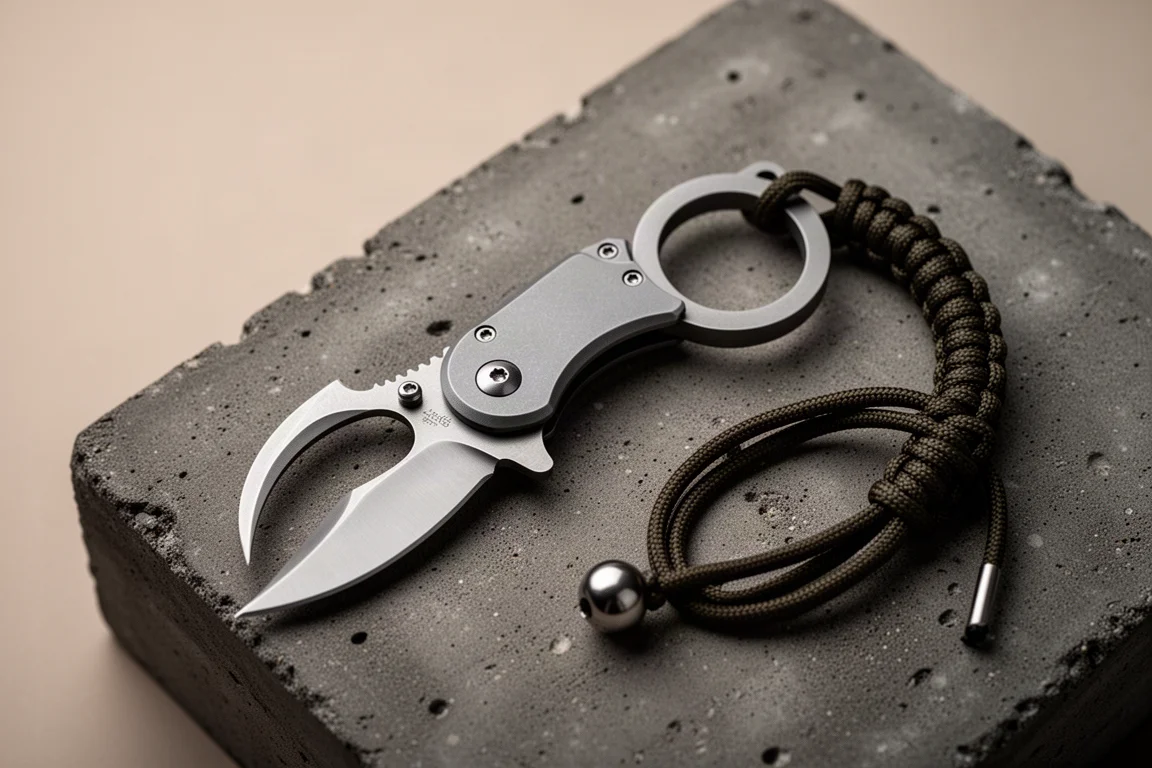 Cirkulär klokniv med ringformat skaft som ligger på mörk betong med paracordsnodd
