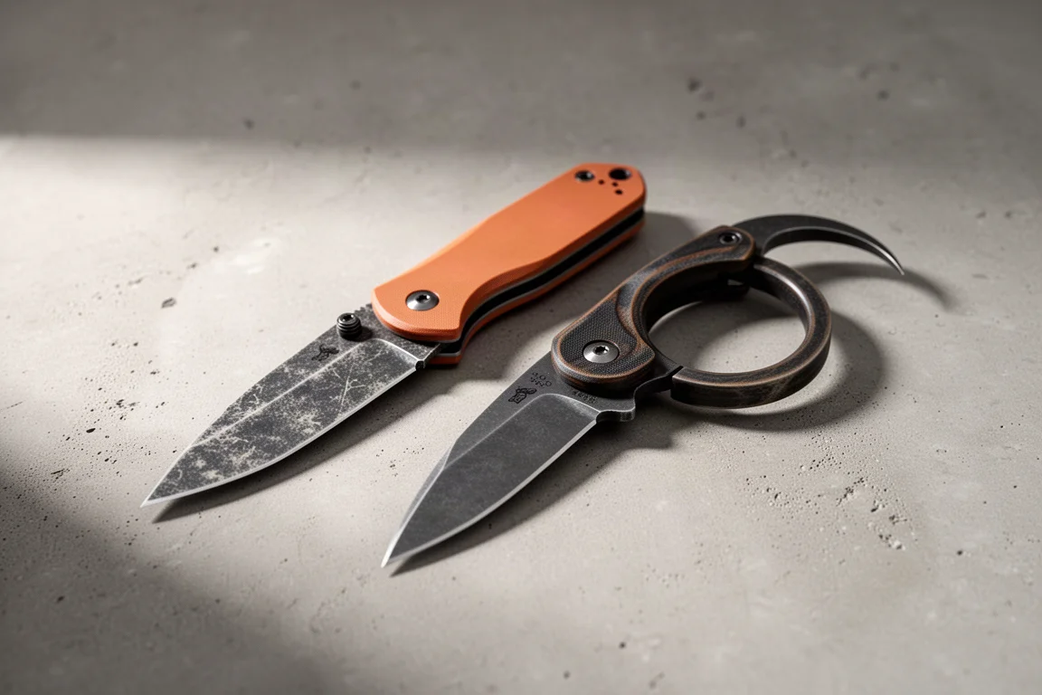Coltello pieghevole dal manico arancione e coltello artiglio circolare affiancati su cemento