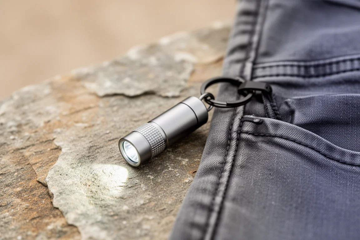 An einem Schlüsselbund befestigte Taschenlampe, an einer Tasche geclippt, mit sichtbarem Spaltring