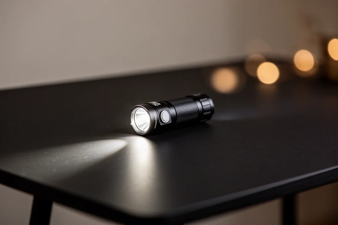 Taschenlampe wirft einen sanften, schwachen Lichtkegel über einen dunklen Tisch