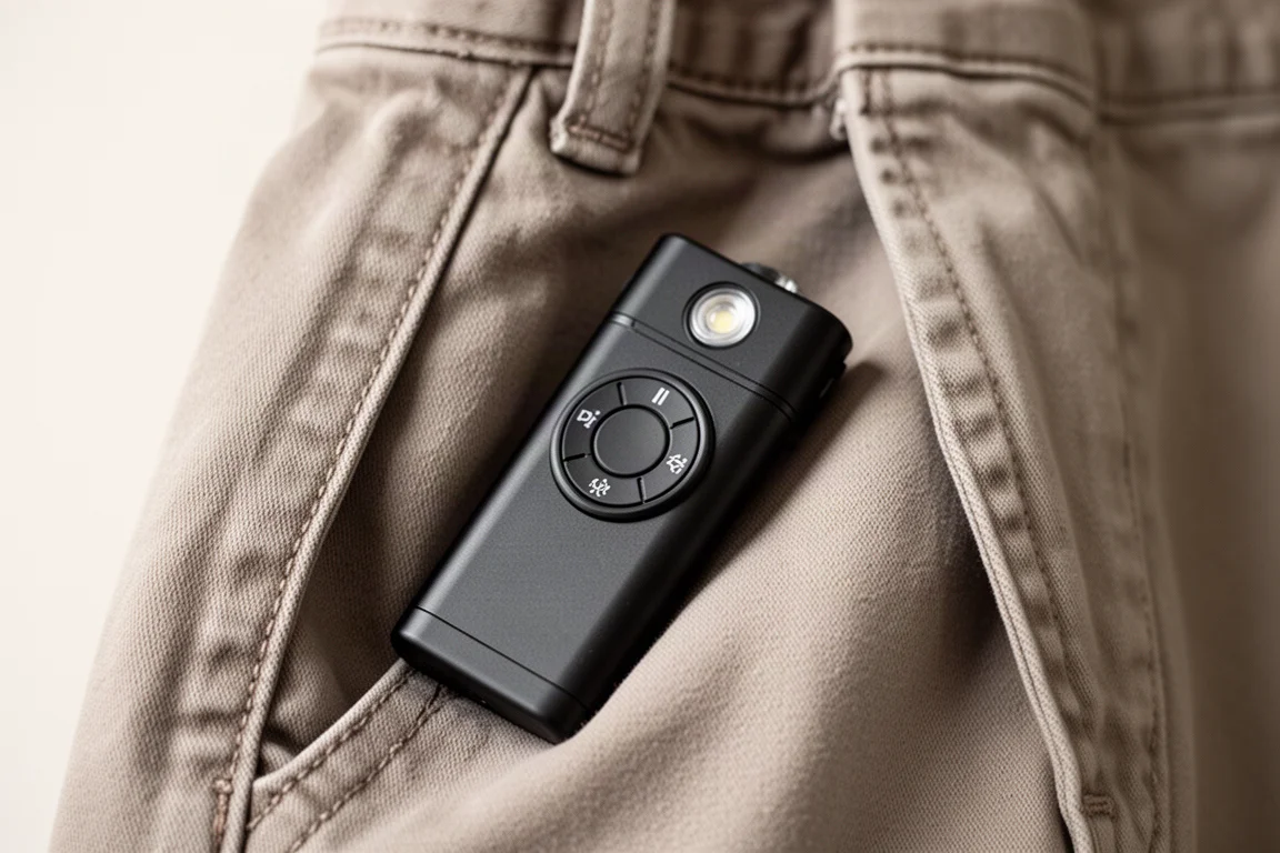 Zaklamp met platte behuizing liggend in een open broekzak met de zijknop zichtbaar