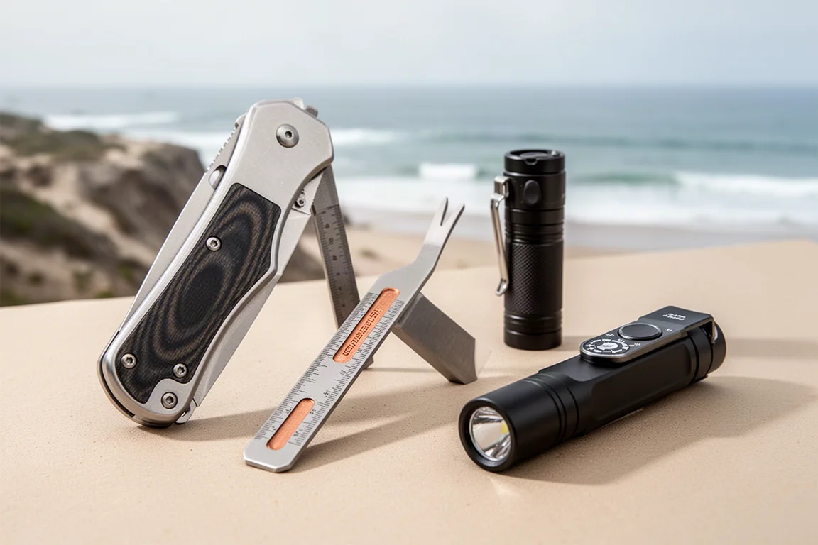 Four Olight EDC products arranged on a sandy surface, including two tools and two flashlights
