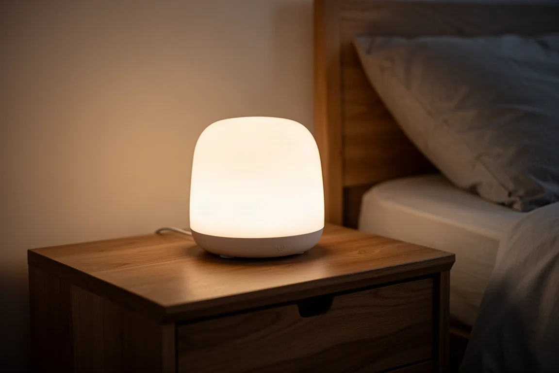 Ronde bolvormige LED-lamp die zacht gloeit op een nachtkastje in een donkere kamer