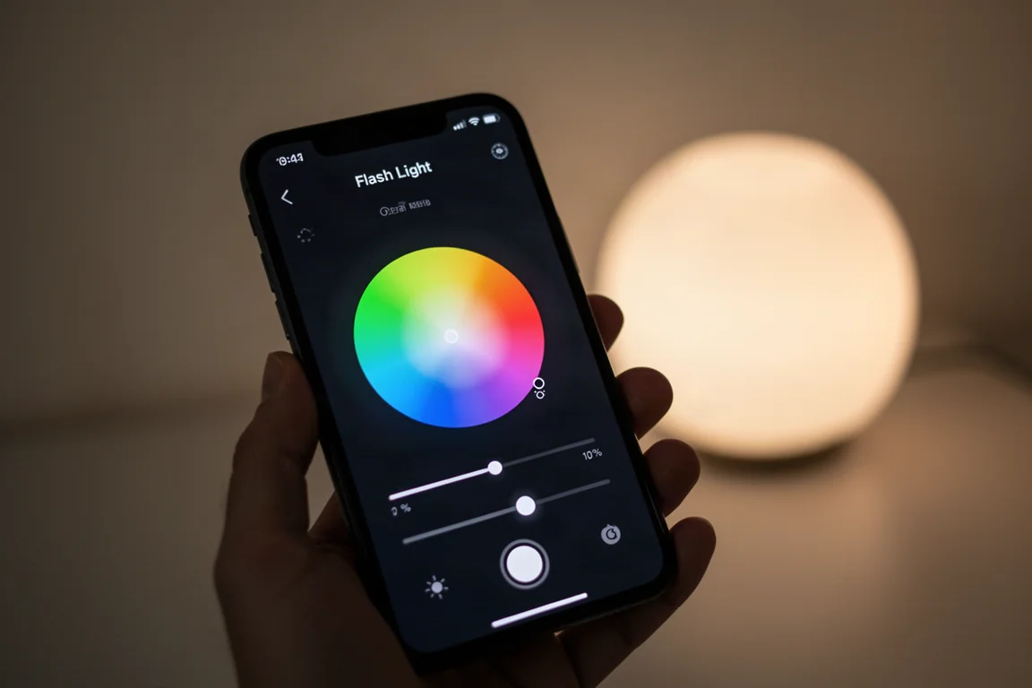 Smartphone-appscherm met kleurenkiezer en helderheidsregelaar in een donkere kamer