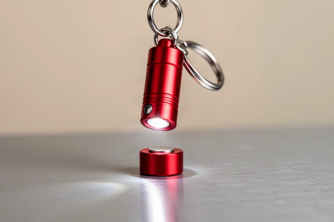 Kleine sleutelhangerzaklamp los van zijn magnetische voetdop op een bureau