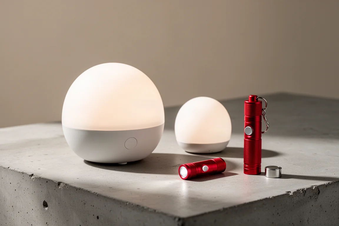 Three compact Olight lights: two orb-shaped lamps and a small red keychain flashlight with magnetic base