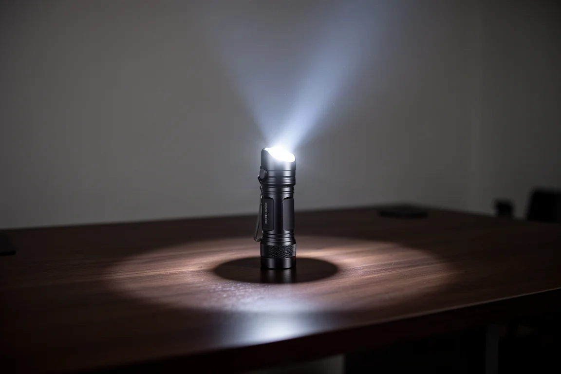 Kompakte Taschenlampe auf einem Holzschreibtisch, die einen hellen, kühlweißen Lichtstrahl über die Fläche wirft