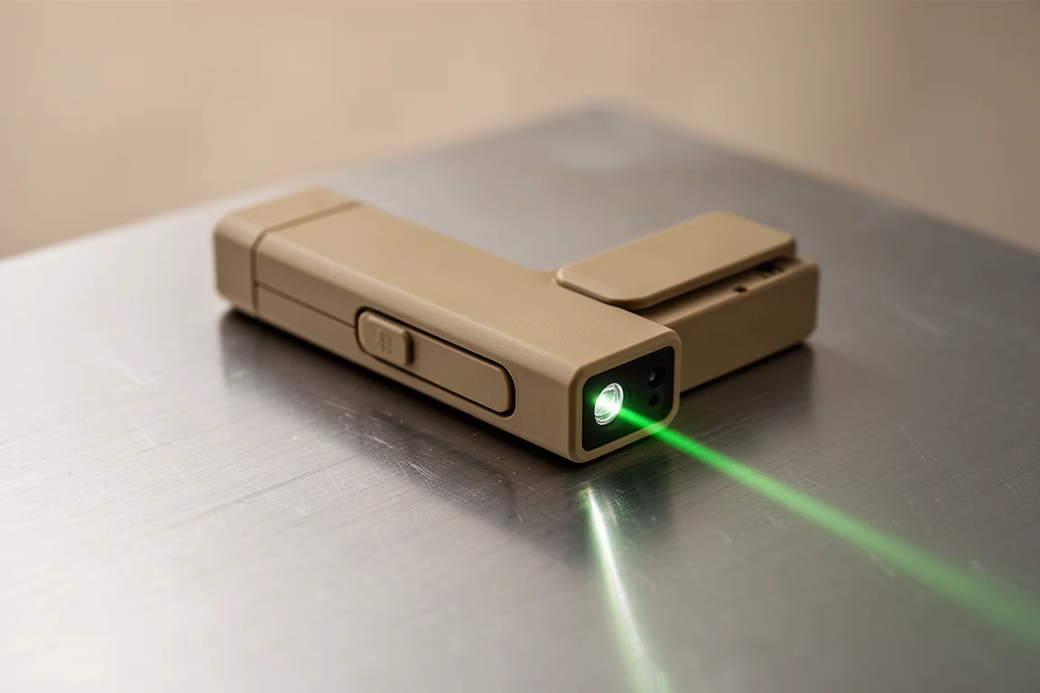 Taschenlampe mit flachem Profil und grünem Laserpointer auf einer gebürsteten Metalloberfläche