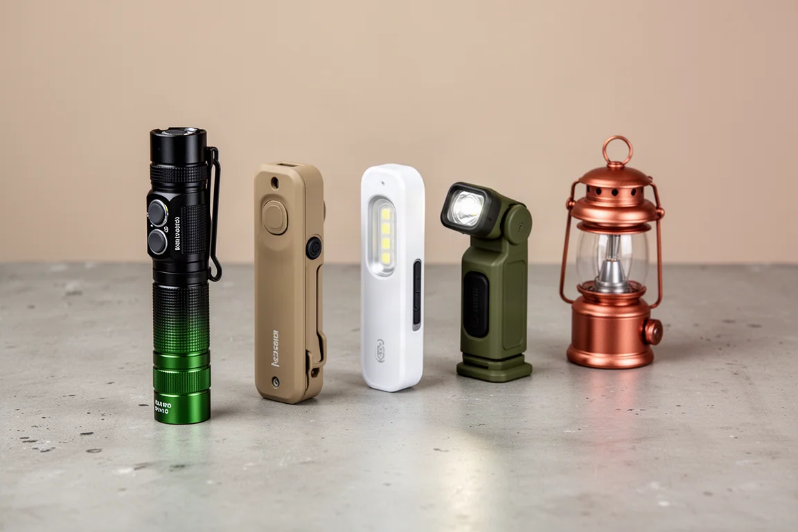 Olight flashlight lineup including the Warrior Mini 3, Arcfield, Perun Mini 2 and Olantern Classic Mini on a concrete surface