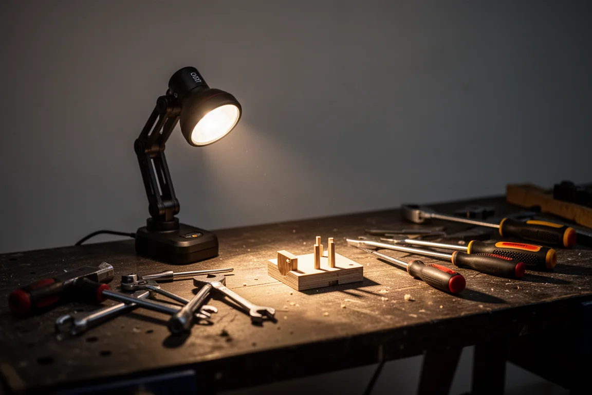 Lampe de travail sur un établi projetant un faisceau large sur des outils à main