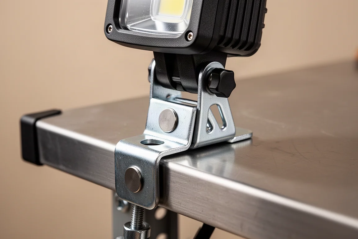 Plaque de base pliable magnétique fixée au bord d'un établi métallique
