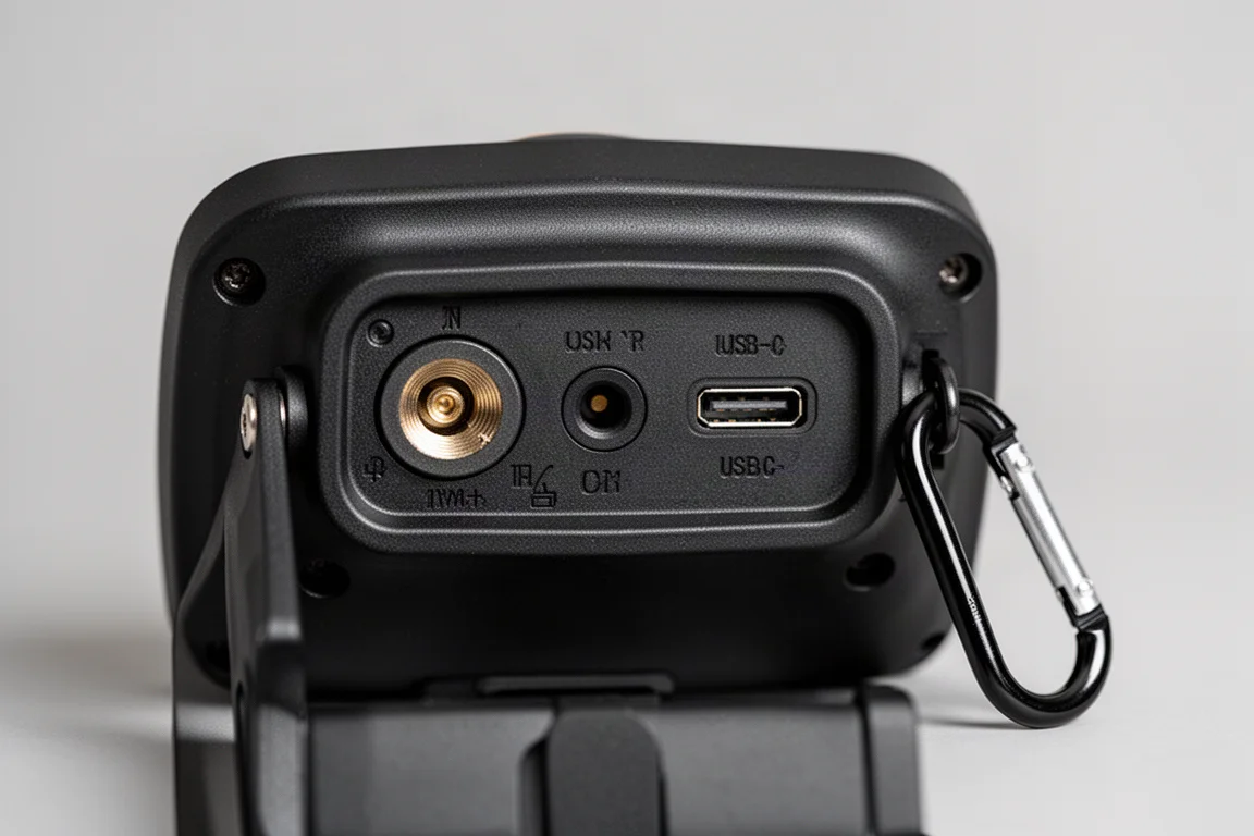 Filetage pour trépied et port USB-C visibles à l'arrière d'une lampe de travail