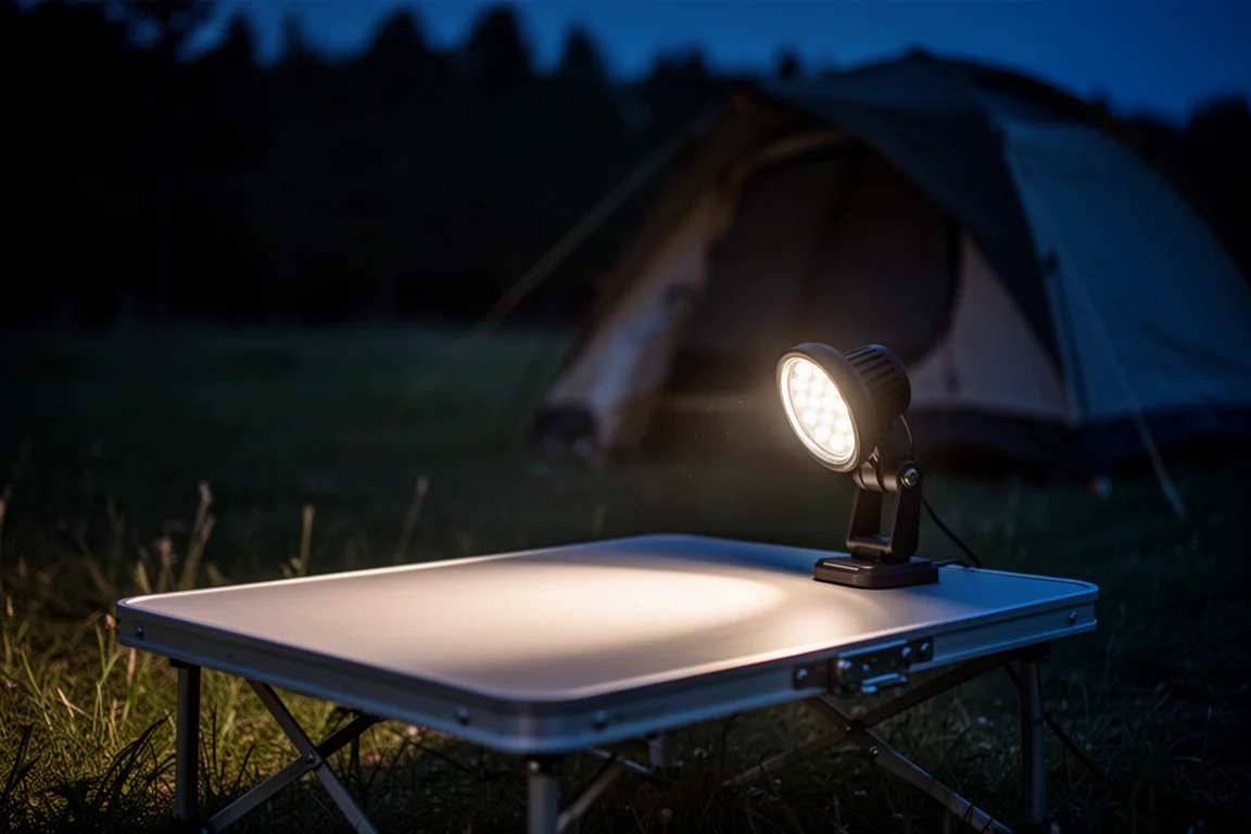 Lampe de travail éclairant une zone de campement herbeuse la nuit