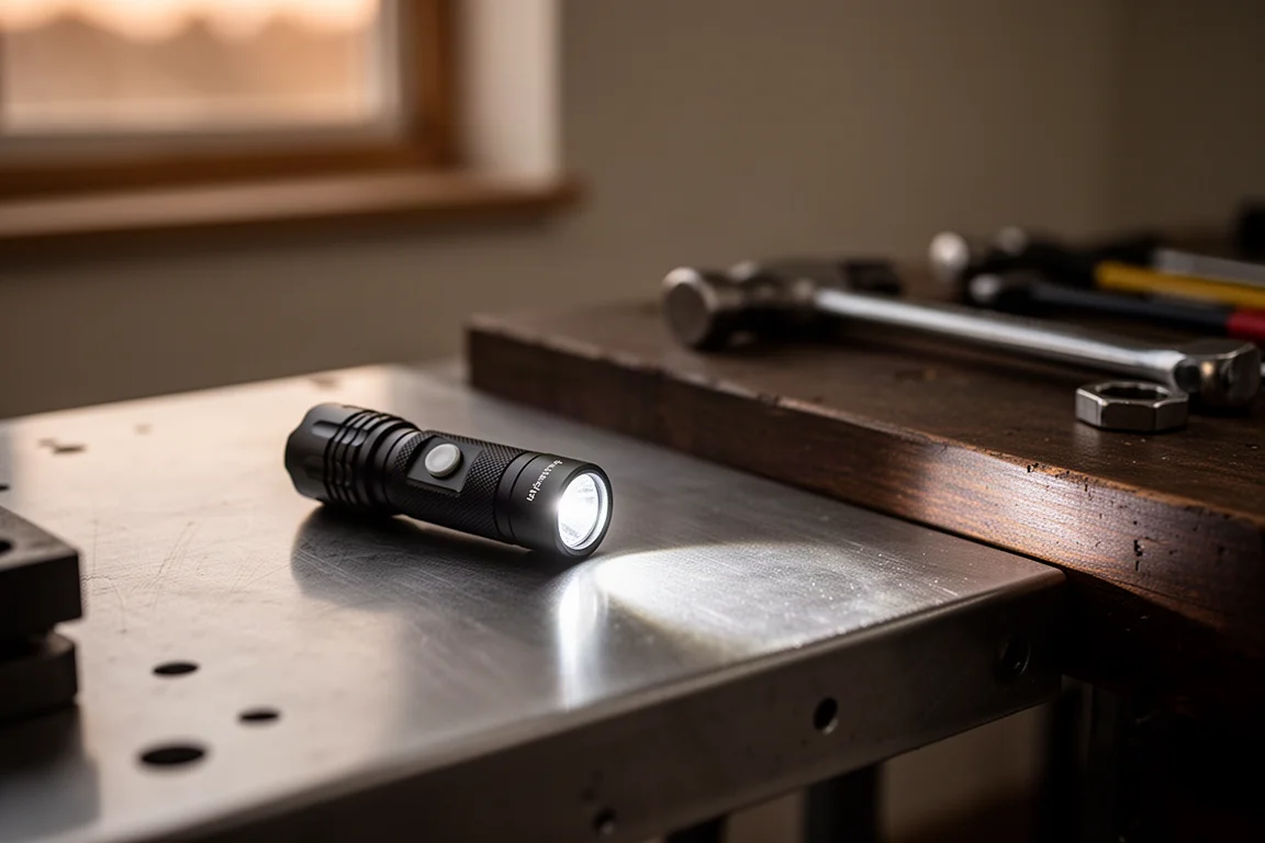 Compacte zakzaklamp onder een werkbanklamp gehouden die een felite bundel werpt