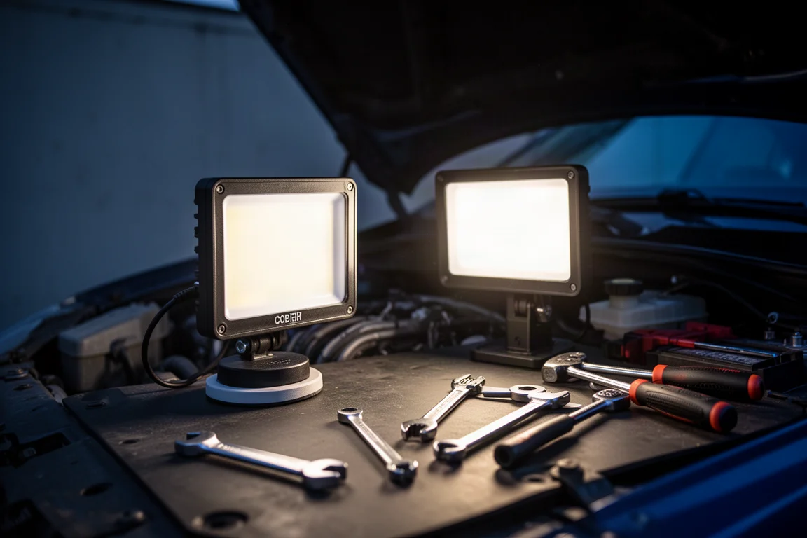Werklamp onder een motorkap geklemd die 's nachts de motorruimte verlicht