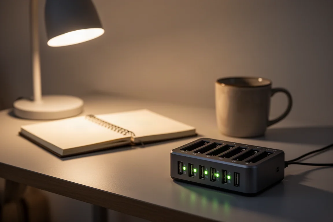 Gloed van een tafellamp naast een batterijlader in een thuiswerkplek 's nachts