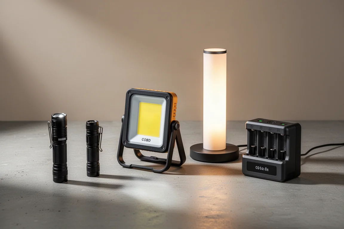 Five Olight lighting products arranged on a concrete surface
