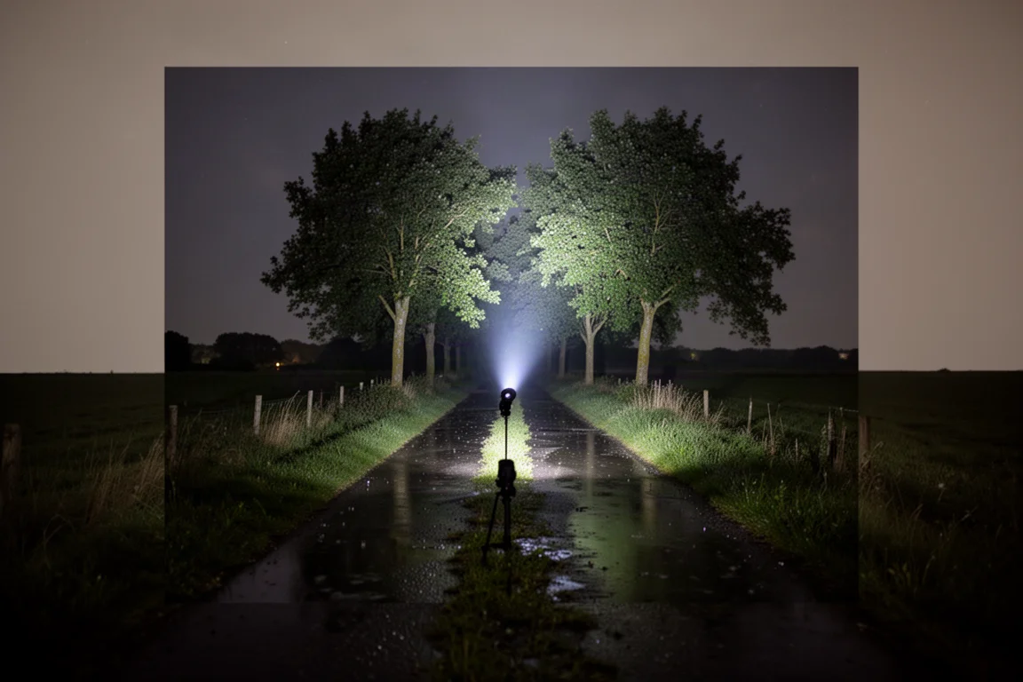 Trilha entre árvores iluminada à noite por um feixe intenso de lanterna