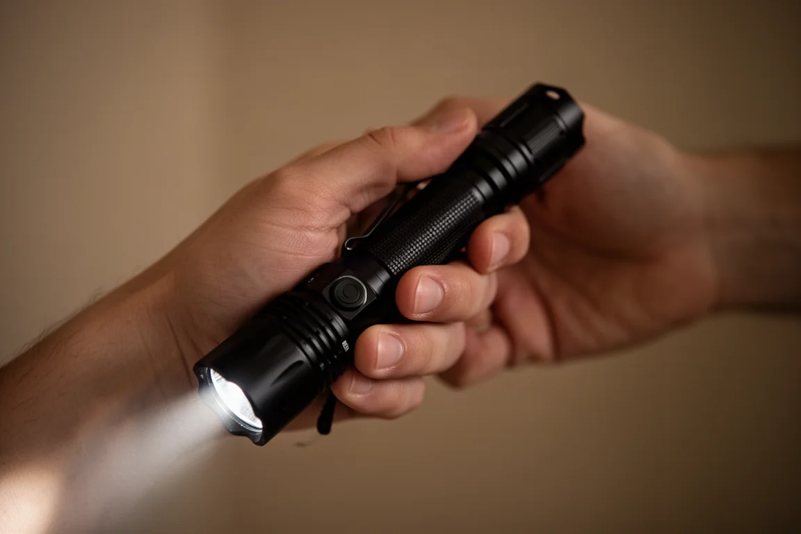 Mão segurando uma lanterna tática com botão traseiro em um quarto com pouca luz