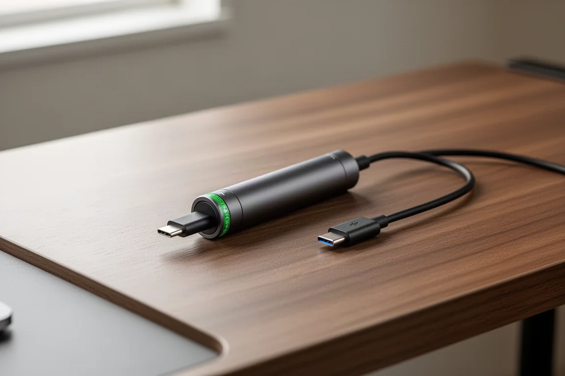 Cabo USB Type-C carregando a bateria de uma lanterna pequena sobre uma mesa