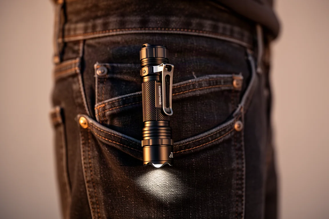 Lanterna tática compacta presa ao bolso de uma calça jeans sob luz quente do fim de tarde
