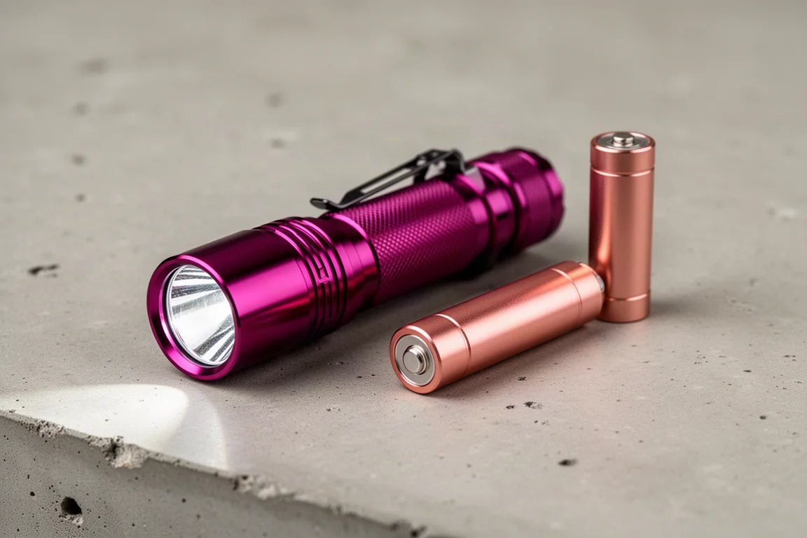 Olight Warrior Mini 2 in plum finish and Olight i5R in rose gold on concrete surface