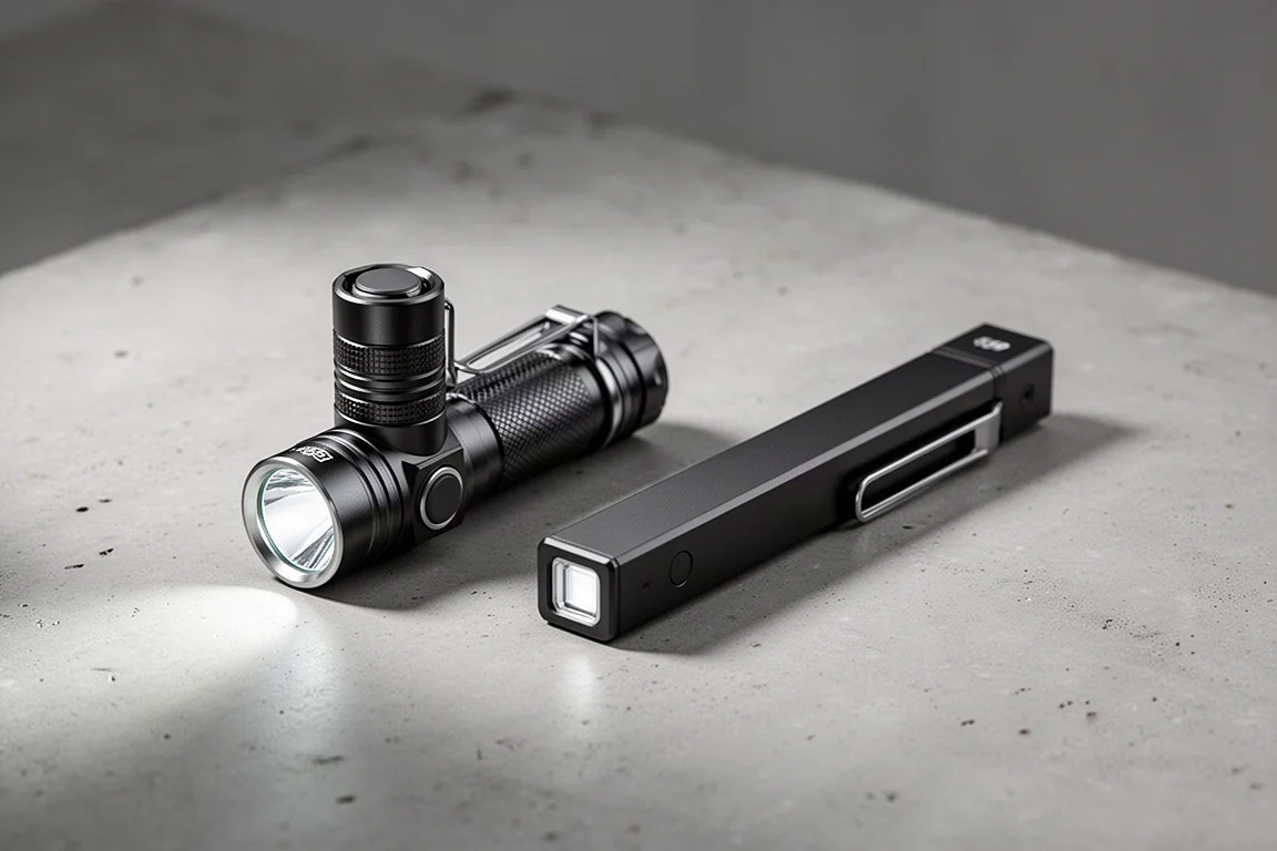 Two compact Olight-style flashlights on a concrete surface