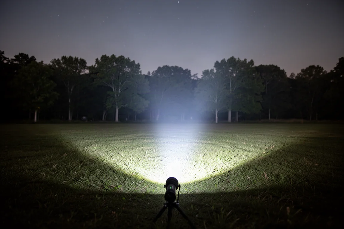 Feixe da lanterna iluminando um campo à noite com um hotspot amplo e bem definido