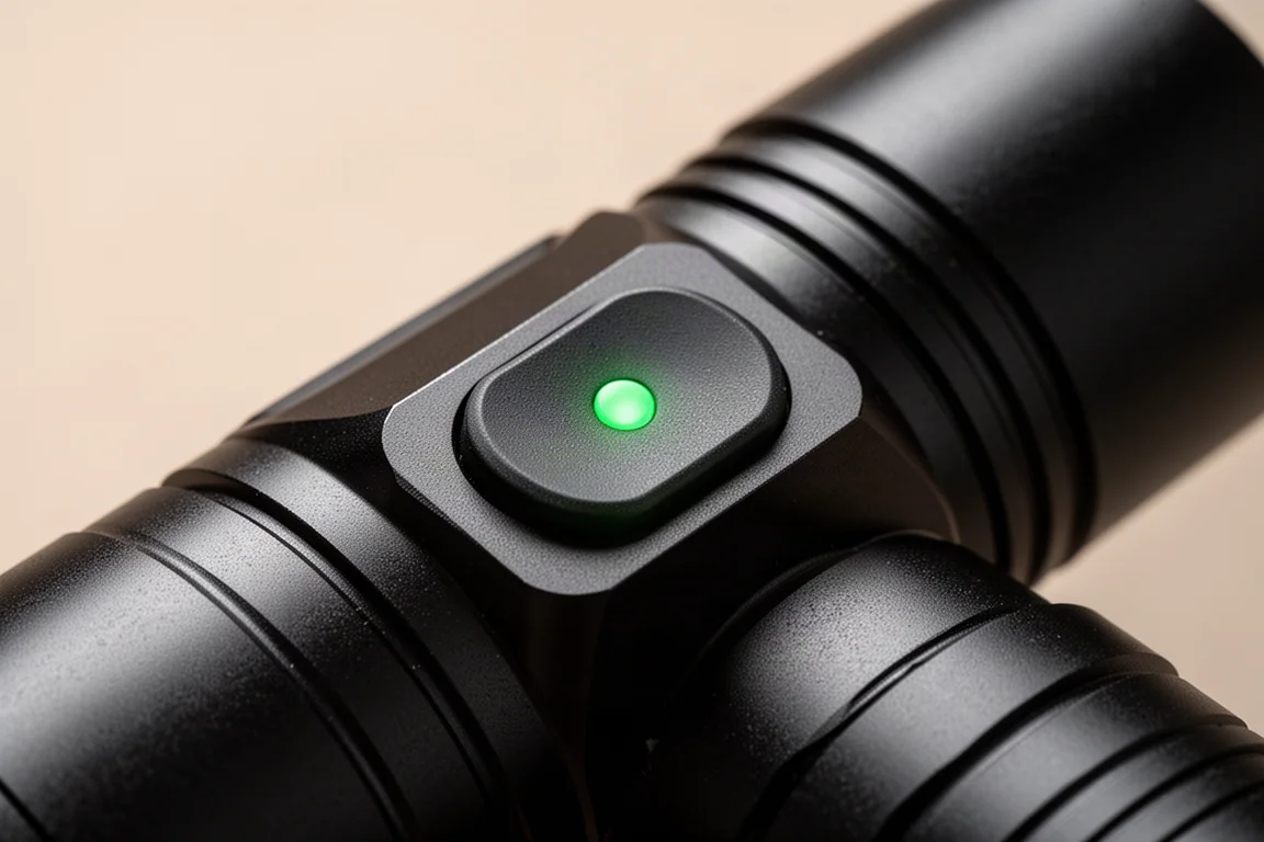 Close de um interruptor lateral com um pequeno LED verde indicador de bateria