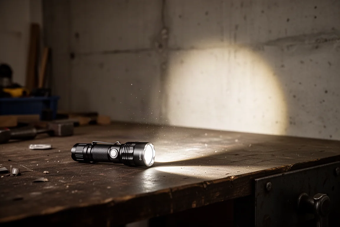 Haz de luz de linterna táctica iluminando una pared oscura de taller